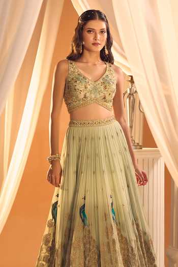 Shop Aariyana Couture Blue Silk, Georgette Embroidery V-neck Peacock Lehenga Set Online at Aza Fashions Shop_Aariyana Couture_Blue Silk, Georgette Embroidery V-neck Peacock Lehenga Set _Online_at_Aza_Fashions