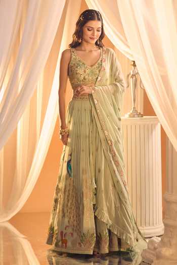 Aariyana Couture Blue Silk, Georgette Embroidery V-neck Peacock Lehenga Set at Aza Fashions Aariyana Couture_Blue Silk, Georgette Embroidery V-neck Peacock Lehenga Set _at_Aza_Fashions