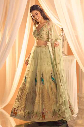 Buy Aariyana Couture Blue Silk, Georgette Embroidery V-neck Peacock Lehenga Set Buy_Aariyana Couture_Blue Silk, Georgette Embroidery V-neck Peacock Lehenga Set