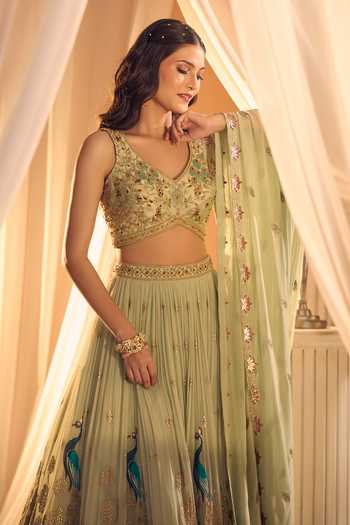Shop Aariyana Couture Blue Silk, Georgette Embroidery V-neck Peacock Lehenga Set Shop_Aariyana Couture_Blue Silk, Georgette Embroidery V-neck Peacock Lehenga Set