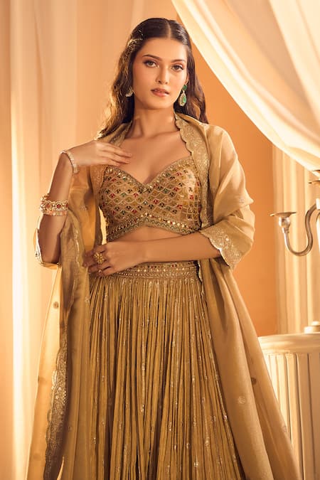 Ariyana By Aza Beige Silk Sequins, Zari, Embroidery Sweetheart Hand Work Lehenga Blouse Set at Aza Fashions Ariyana By Aza_Beige Silk Sequins, Zari, Embroidery Sweetheart Hand Work Lehenga Blouse Set _at_Aza_Fashions