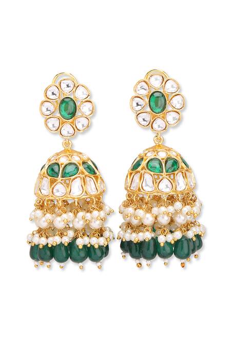 Curio Cottage_Green Meira Kundan Embellished Jhumkas_Online_at_Aza_Fashions