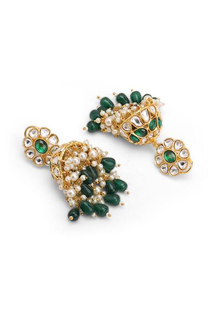 Buy_Curio Cottage_Green Meira Kundan Embellished Jhumkas_Online_at_Aza_Fashions