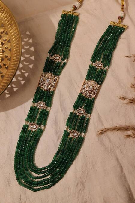 Shop Curio Cottage Green Heritage Layered Long Necklace at Aza Fashions Shop_Curio Cottage_Green Heritage Layered Long Necklace_at_Aza_Fashions