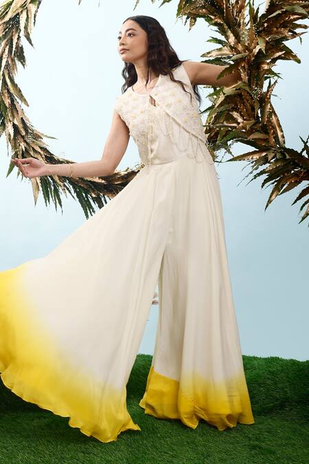 Buy_Eclat By Prerika Jalan_Ivory Satin, Crepe, Muslin, Organza Maybells Ombre Jumpsuit With Jacket _Online_at_Aza_Fashions