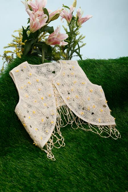 Eclat By Prerika Jalan_Ivory Satin, Crepe, Muslin, Organza Maybells Ombre Jumpsuit With Jacket _at_Aza_Fashions