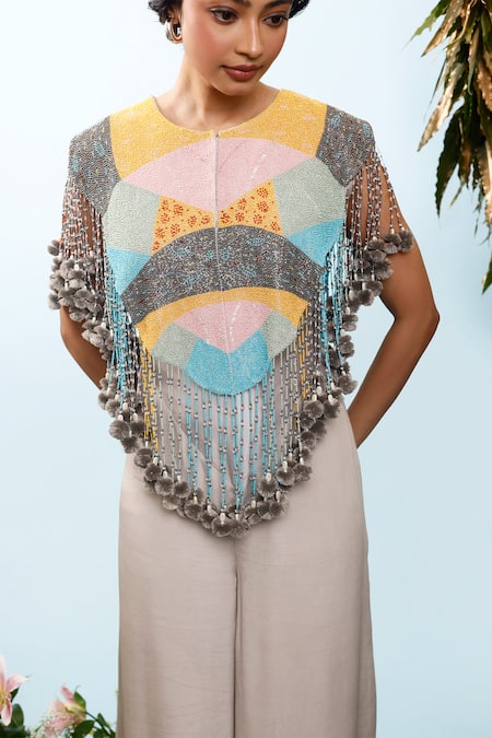 Eclat By Prerika Jalan_Grey Crepe, Silk, Chanderi Tassels, Beads Calla Flared Hem Jumpsuit With Cape _Online_at_Aza_Fashions