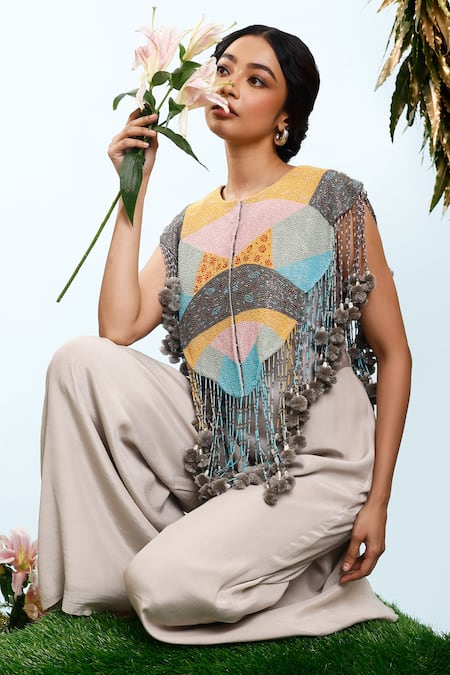 Buy_Eclat By Prerika Jalan_Grey Crepe, Silk, Chanderi Tassels, Beads Calla Flared Hem Jumpsuit With Cape _Online_at_Aza_Fashions