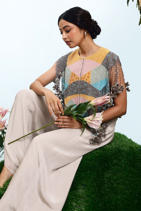 Shop_Eclat By Prerika Jalan_Grey Crepe, Silk, Chanderi Tassels, Beads Calla Flared Hem Jumpsuit With Cape _Online_at_Aza_Fashions