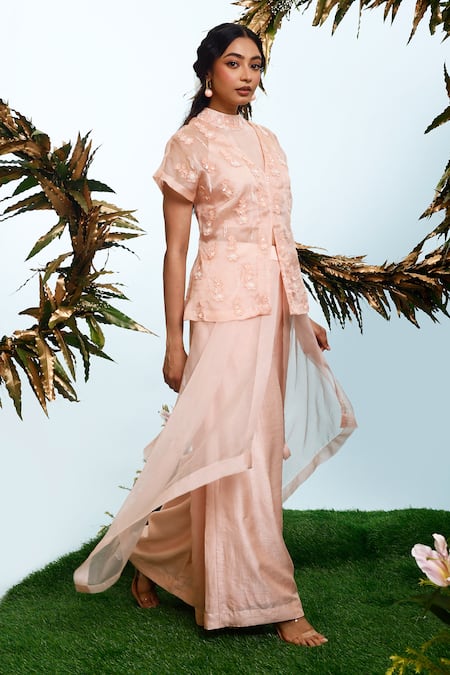 Shop_Eclat By Prerika Jalan_Pink Organza, Satin, Muslin, Silk Squill Floral Applique Jacket Pant Set _Online_at_Aza_Fashions