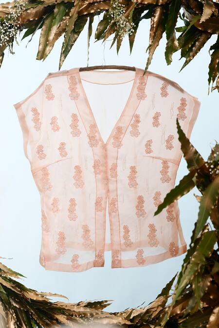 Eclat By Prerika Jalan_Pink Organza, Satin, Muslin, Silk Squill Floral Applique Jacket Pant Set _at_Aza_Fashions