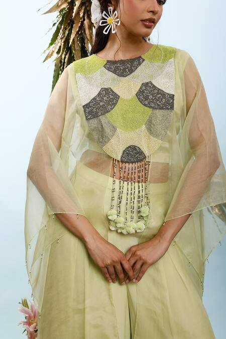 Eclat By Prerika Jalan_Green Organza, Satin, Muslin Beads, Tassels Bush Embroidered Cape Pant Set _Online_at_Aza_Fashions