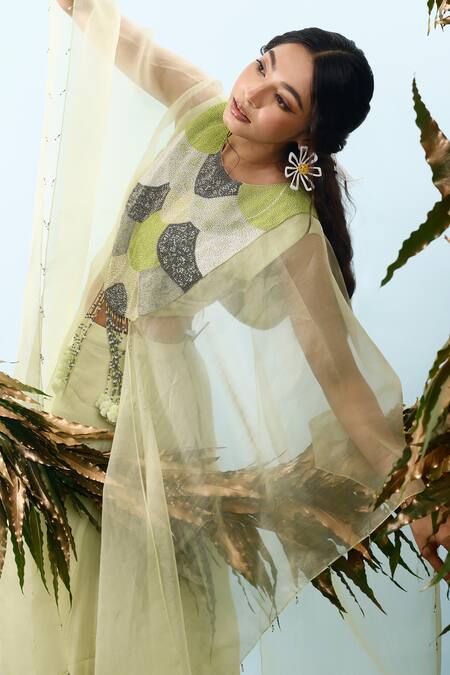 Buy_Eclat By Prerika Jalan_Green Organza, Satin, Muslin Beads, Tassels Bush Embroidered Cape Pant Set _Online_at_Aza_Fashions