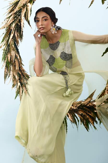 Shop_Eclat By Prerika Jalan_Green Organza, Satin, Muslin Beads, Tassels Bush Embroidered Cape Pant Set _Online_at_Aza_Fashions