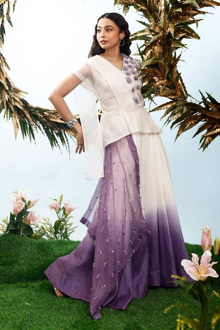 Eclat By Prerika Jalan_Ivory Organza, Satin Embroidery, Beads Peony Floral Peplum Jacket Pant Set _Online_at_Aza_Fashions