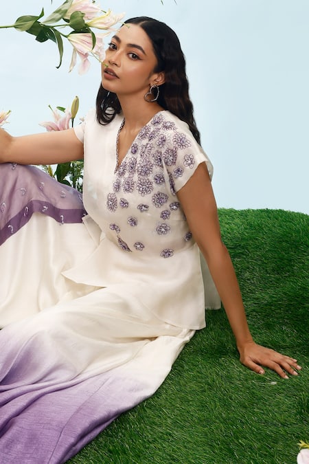 Shop_Eclat By Prerika Jalan_Ivory Organza, Satin Embroidery, Beads Peony Floral Peplum Jacket Pant Set _Online_at_Aza_Fashions