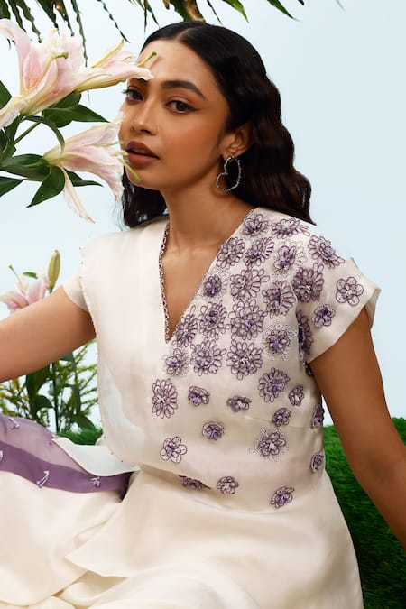 Eclat By Prerika Jalan_Ivory Organza, Satin Embroidery, Beads Peony Floral Peplum Jacket Pant Set _at_Aza_Fashions