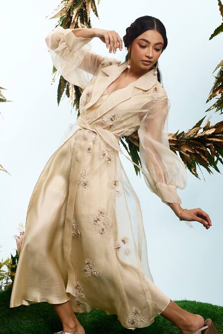 Eclat By Prerika Jalan_Beige Organza, Silk Satin Embroidery V-neck Floret Jacket With Dress _Online_at_Aza_Fashions