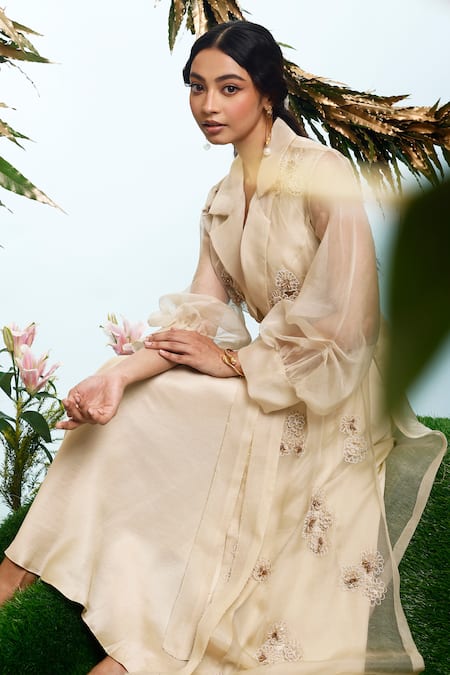 Shop_Eclat By Prerika Jalan_Beige Organza, Silk Satin Embroidery V-neck Floret Jacket With Dress _Online_at_Aza_Fashions