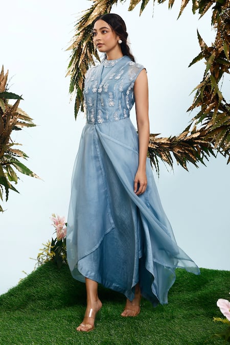 Eclat By Prerika Jalan_Blue Organza, Satin Beads, Embroidery High Holler Placement Dress With Jacket _Online_at_Aza_Fashions