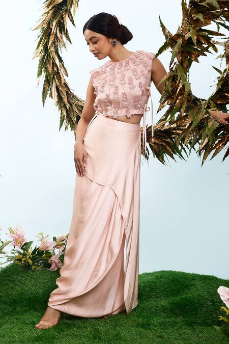 Eclat By Prerika Jalan_Pink , Silk Beads Round Neck Maia Embroidered Overlay Top Skirt Set _Online_at_Aza_Fashions