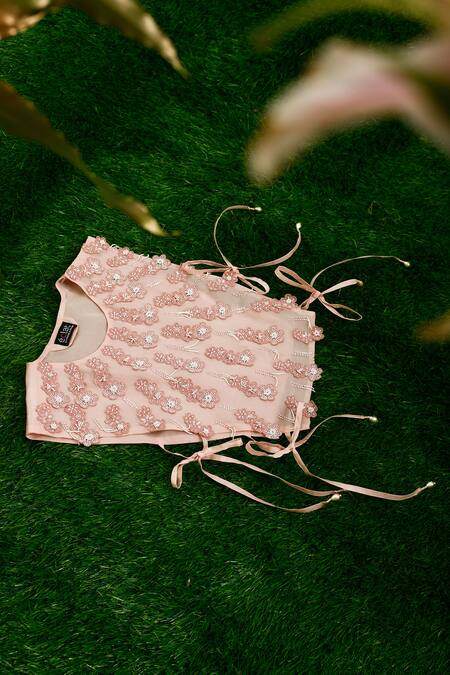 Buy_Eclat By Prerika Jalan_Pink , Silk Beads Round Neck Maia Embroidered Overlay Top Skirt Set 