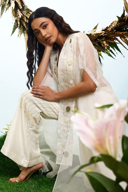 Eclat By Prerika Jalan_Ivory Organza, Muslin Embroidery, Applique Open Ixia Floral Jacket Pant Set _Online_at_Aza_Fashions