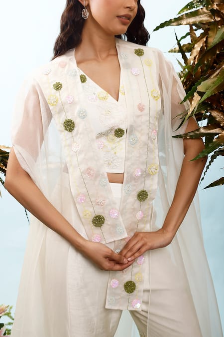 Buy_Eclat By Prerika Jalan_Ivory Organza, Muslin Embroidery, Applique Open Ixia Floral Jacket Pant Set _Online_at_Aza_Fashions