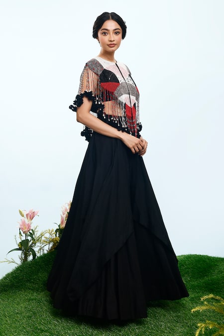 Eclat By Prerika Jalan_Black , , Tassels, Beads Round Embroidered Cape Pant Set _Online_at_Aza_Fashions