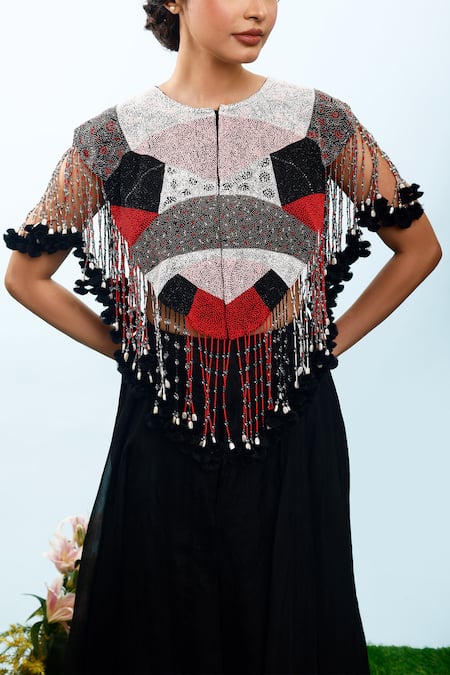 Buy_Eclat By Prerika Jalan_Black , , Tassels, Beads Round Embroidered Cape Pant Set _Online_at_Aza_Fashions