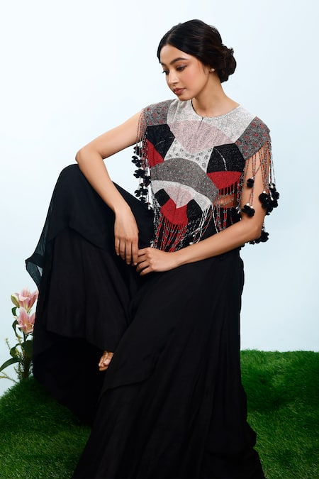 Shop_Eclat By Prerika Jalan_Black , , Tassels, Beads Round Embroidered Cape Pant Set _Online_at_Aza_Fashions