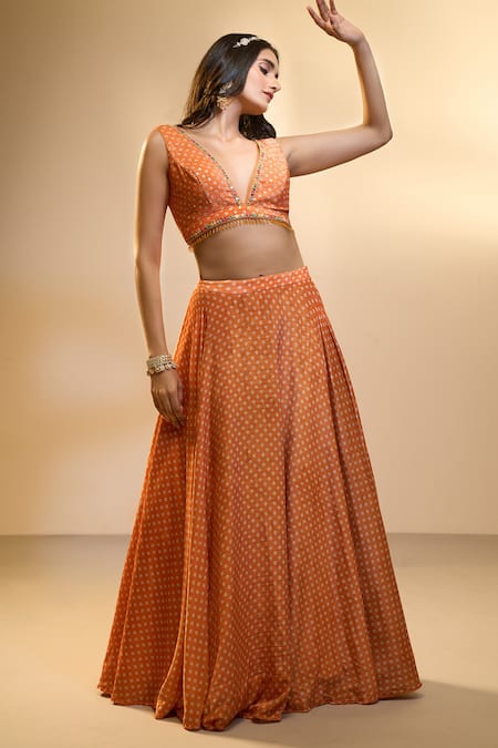 Buy Aariyana Couture Orange Velvet Sequins, Beads, Stones Bandhani Lehenga And Embroidered Blouse Set Online at Aza Fashions Buy_Aariyana Couture_Orange Velvet Sequins, Beads, Stones Bandhani Lehenga And Embroidered Blouse Set _Online_at_Aza_Fashions