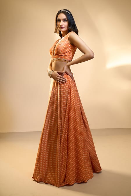 Buy Aariyana Couture Orange Velvet Sequins, Beads, Stones Bandhani Lehenga And Embroidered Blouse Set Buy_Aariyana Couture_Orange Velvet Sequins, Beads, Stones Bandhani Lehenga And Embroidered Blouse Set