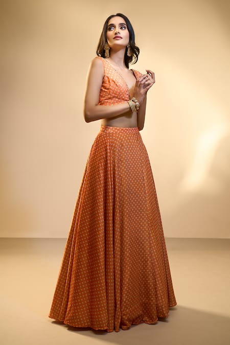 Shop Aariyana Couture Orange Velvet Sequins, Beads, Stones Bandhani Lehenga And Embroidered Blouse Set Shop_Aariyana Couture_Orange Velvet Sequins, Beads, Stones Bandhani Lehenga And Embroidered Blouse Set