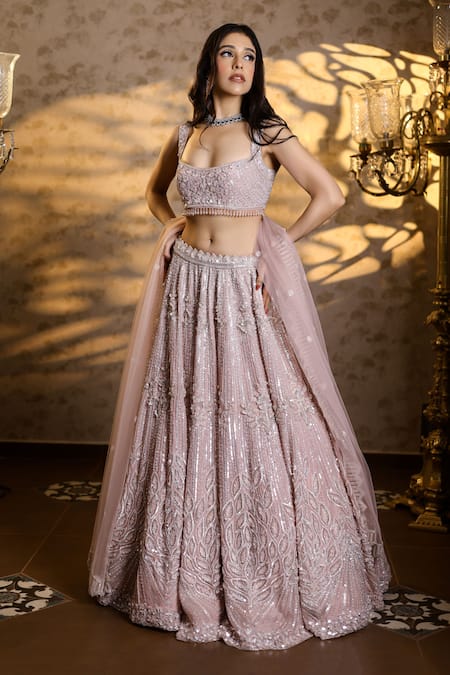 Isa By Dolly Wahal Pink Net Embellished Bead Scoop 3d Flower Sequin Bridal Lehenga Set 