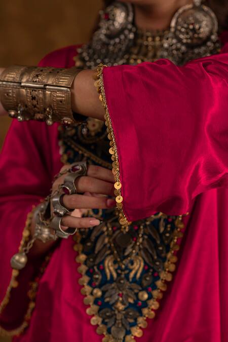 Ekavira_Pink Silk Patchwork, Tassels, Chains Layla Coin Embellished Choga With Salwar _Online_at_Aza_Fashions