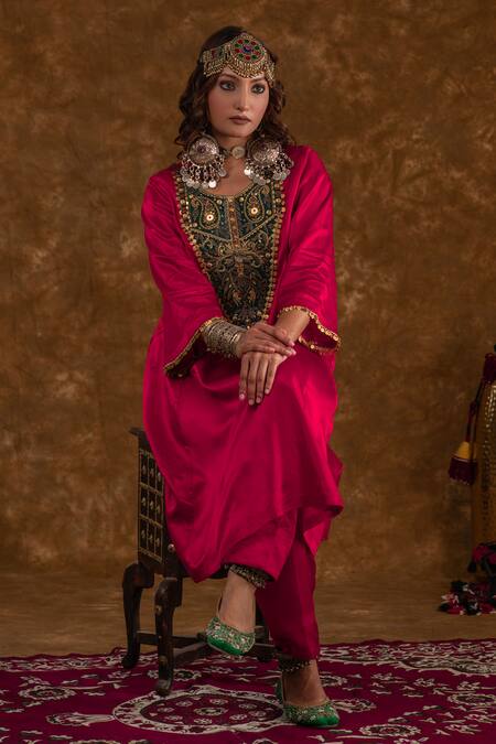 Shop_Ekavira_Pink Silk Patchwork, Tassels, Chains Layla Coin Embellished Choga With Salwar _Online_at_Aza_Fashions