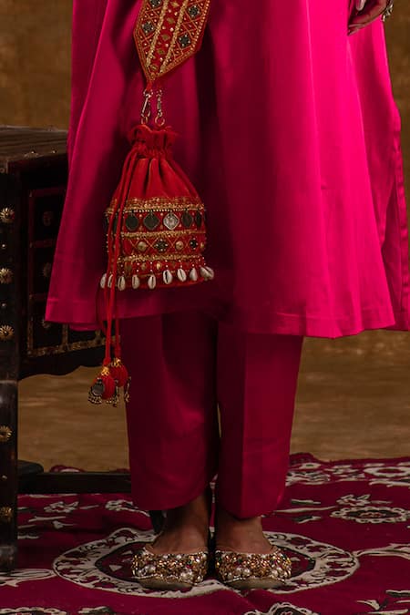 Ekavira_Pink Silk Patchwork, Tassels, Chains Layla Coin Embellished Choga With Salwar _at_Aza_Fashions