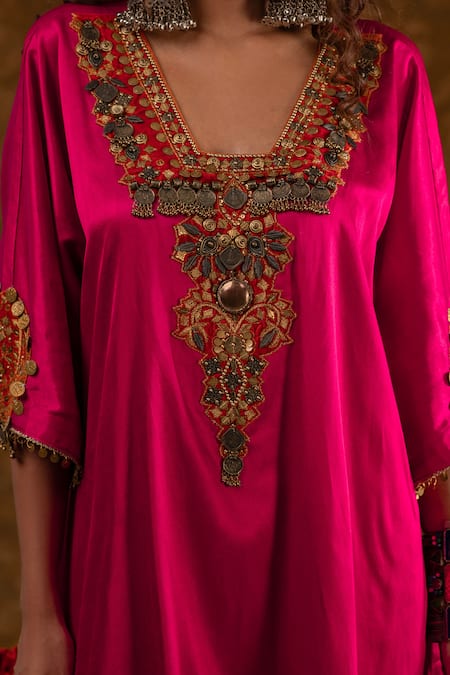 Buy_Ekavira_Pink Silk Patchwork, Tassels, Chains Layla Coin Embellished Choga With Salwar 