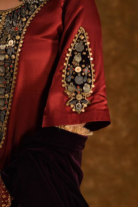 Buy_Ekavira_Maroon Silk Embroidery Round Rubina Coin Charm Embellished Kurta With Tulip Pant _Online_at_Aza_Fashions