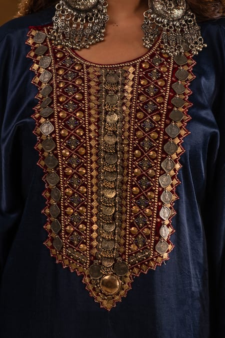 Ekavira_Blue Silk Sequins, Tassels Zahra Coin Embellished Phiran With Cigarette Pant _Online_at_Aza_Fashions