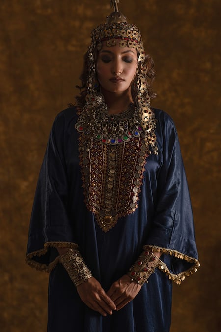 Buy_Ekavira_Blue Silk Sequins, Tassels Zahra Coin Embellished Phiran With Cigarette Pant _Online_at_Aza_Fashions