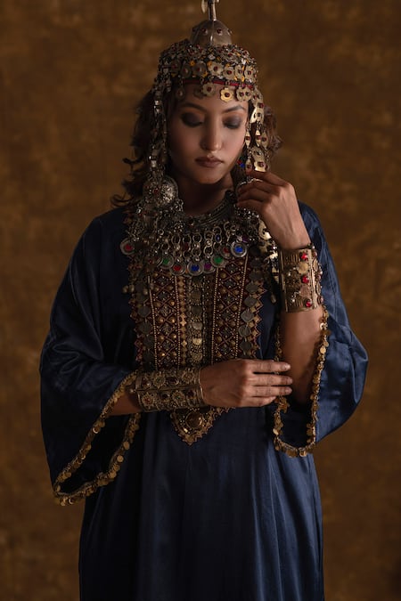 Shop_Ekavira_Blue Silk Sequins, Tassels Zahra Coin Embellished Phiran With Cigarette Pant _Online_at_Aza_Fashions