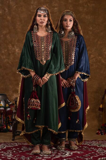 Ekavira_Green Silk Sequins, Tassels Zahra Coin Embellished Phiran With Cigarette Pant _Online_at_Aza_Fashions