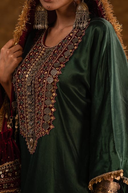 Buy_Ekavira_Green Silk Sequins, Tassels Zahra Coin Embellished Phiran With Cigarette Pant _Online_at_Aza_Fashions