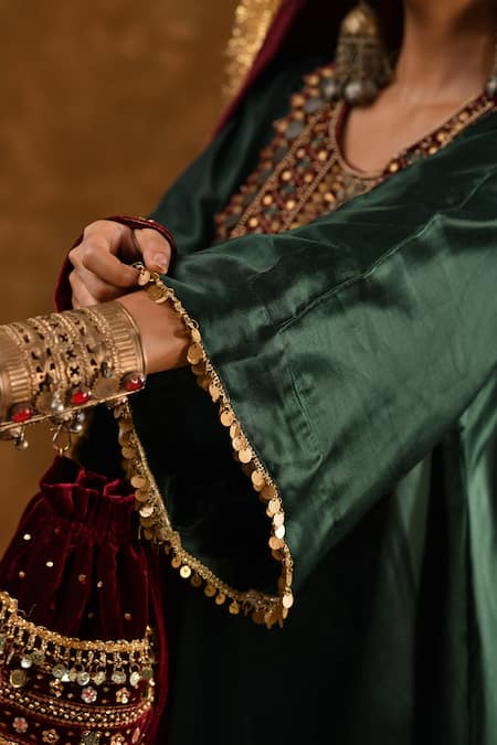 Shop_Ekavira_Green Silk Sequins, Tassels Zahra Coin Embellished Phiran With Cigarette Pant _Online_at_Aza_Fashions