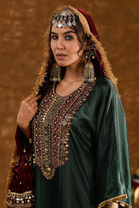 Ekavira_Green Silk Sequins, Tassels Zahra Coin Embellished Phiran With Cigarette Pant _at_Aza_Fashions