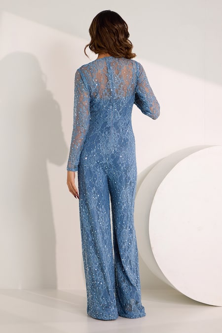 Silky Bindra Blue Lycra, Lace Sequins V-neck Asena Embellished Jumpsuit Set Online at Aza Fashions Silky Bindra_Blue Lycra, Lace Sequins V-neck Asena Embellished Jumpsuit Set _Online_at_Aza_Fashions