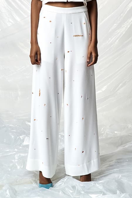 Shahin Mannan_Ivory Crepe Embroidery Splash Flared Pant _Online_at_Aza_Fashions