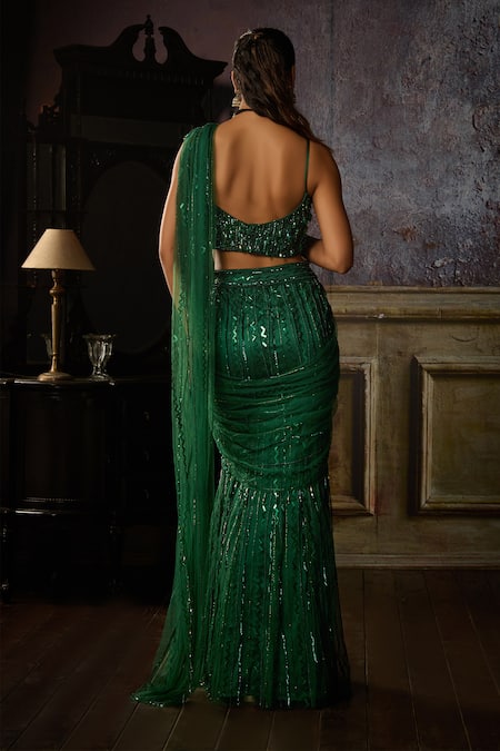 Shop Diyarajvvir Green Satin, Lycra, Tulle Sequins, Beads, Mermaid Pre-draped Saree With Blouse at Aza Fashions Shop_Diyarajvvir_Green Satin, Lycra, Tulle Sequins, Beads, Mermaid Pre-draped Saree With Blouse _at_Aza_Fashions